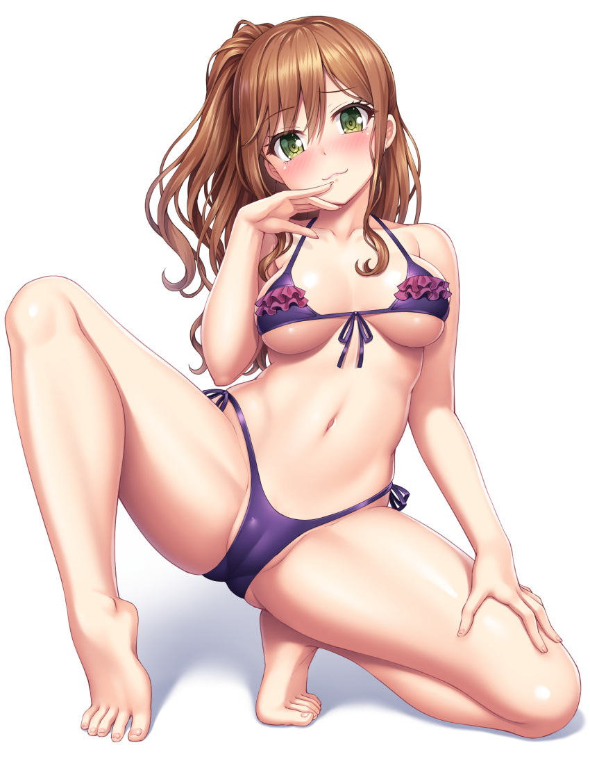 1girl :3 absurdres ass bang_dream! bangs bare_legs barefoot bikini blush breasts brown_hair cameltoe collarbone eyebrows_visible_through_hair fanbox_reward feet frills front-tie_bikini front-tie_top green_eyes hand_to_own_mouth highres imai_lisa lambda_(kusowarota) long_hair looking_at_viewer navel one_knee one_side_up paid_reward purple_bikini side-tie_bikini smile solo spread_legs string_bikini swimsuit tiptoes