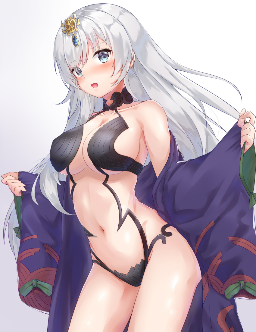 1girl absurdres anastasia_(fate/grand_order) bare_shoulders blue_eyes breasts cleavage collarbone cosplay cowboy_shot fate/grand_order fate_(series) frown hair_ornament highres japanese_clothes large_breasts long_hair looking_at_viewer navel off_shoulder open_mouth ponta_(velmar) revealing_clothes shuten_douji_(fate/grand_order) shuten_douji_(fate/grand_order)_(cosplay) silver_hair solo stomach thighs wide_sleeves