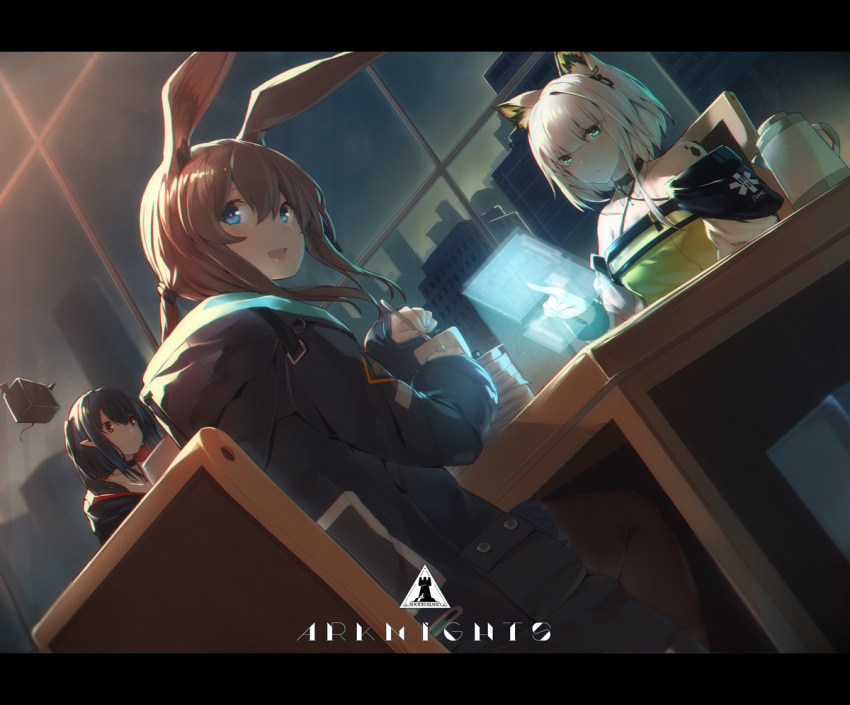 3girls :d amiya_(arknights) animal_ears arknights bare_shoulders black_hair black_jacket blue_eyes brown_hair brown_legwear bunny_ears cat_ears chair choker cityscape closure_(arknights) commentary_request copyright_name cup dress dutch_angle green_dress green_eyes holding holding_cup holographic_interface hood hood_down hooded_jacket indoors jacket kal'tsit letterboxed long_hair looking_at_viewer looking_back mag_(mag42) multiple_girls off-shoulder_dress off_shoulder open_mouth pantyhose pointy_ears red_eyes short_hair silver_hair sitting smile table window