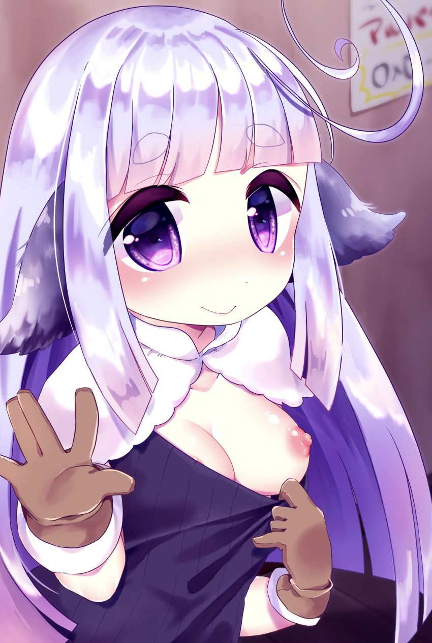 1girl absurdres ahoge bangs blunt_bangs blurry blurry_background blush breasts brown_gloves character_request chiitamu closed_mouth commentary_request depth_of_field eyebrows_visible_through_hair gloves hand_up highres ishuzoku_reviewers long_hair looking_at_viewer medium_breasts nipples one_breast_out purple_eyes purple_hair purple_sweater ribbed_sweater short_eyebrows smile solo sweater thick_eyebrows very_long_hair