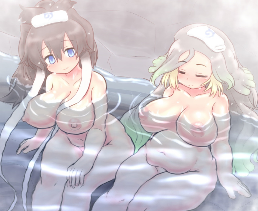 2girls anthropomorphism bath blue_eyes breasts cropped kemono_friends long_hair mammoth_(kemono_friends) mo23 nipples nude onsen towel walrus_(kemono_friends) water