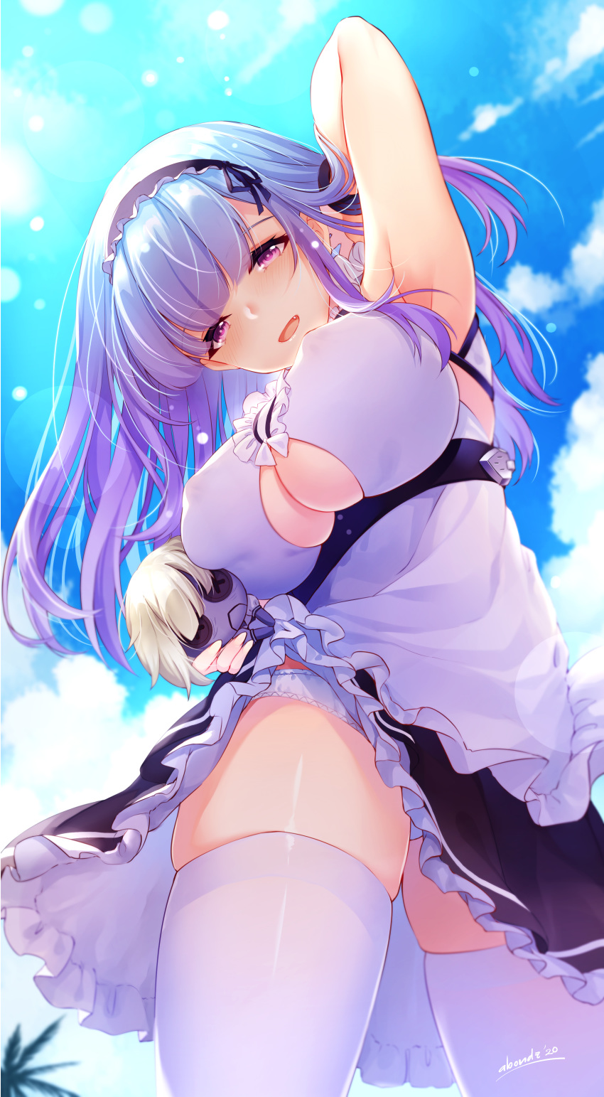 1girl abondz absurdres apron arm_up armpits azur_lane bangs bare_shoulders black_hairband blush breasts covered_nipples dido_(azur_lane) eyebrows_visible_through_hair fang frills from_below hairband head_tilt highres holding large_breasts long_hair looking_at_viewer outdoors panties purple_eyes purple_hair signature skindentation sleeveless solo thighhighs underboob underboob_cutout underwear waist_apron white_apron white_legwear white_panties