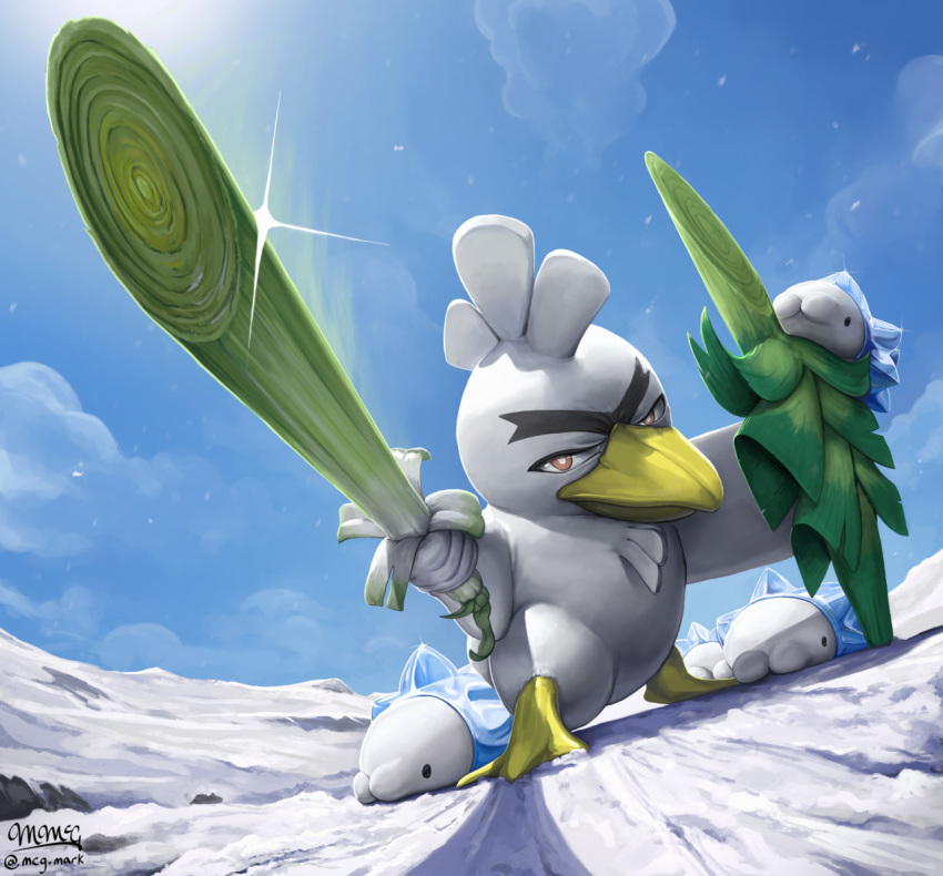 bird blue_sky brown_eyes cloud commentary creature day english_commentary eyebrows full_body gen_8_pokemon holding holding_sword holding_weapon legs_apart mcgmark no_humans pokemon pokemon_(creature) serious shield signature sirfetch'd sky snom snow standing sword weapon