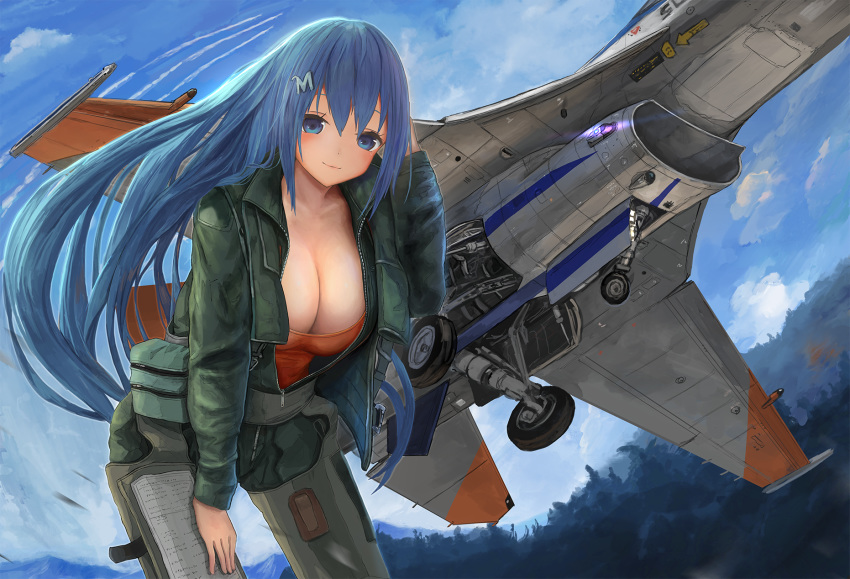 1girl aircraft airplane artist_request bangs blue_eyes blue_hair blue_sky blush breasts cleavage cloud collarbone day emori_miku emori_miku_project f-2 fighter_jet green_jumpsuit hair_ornament hairclip hand_up highres jet jumpsuit large_breasts leaning_forward long_hair looking_at_viewer military military_vehicle orange_tank_top outdoors partially_unzipped pouch sky smile solo tank_top very_long_hair wind