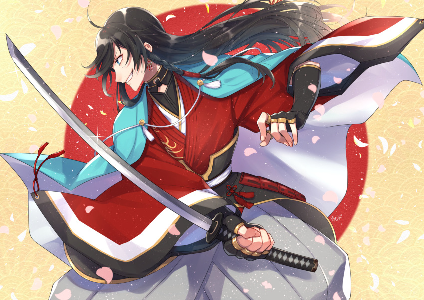 all_male anthropomorphism aqua_eyes black_hair braids cape elbow_gloves gloves izumi-no-kami_kanesada japanese_clothes katana kishinaito long_hair male petals sword touken_ranbu weapon