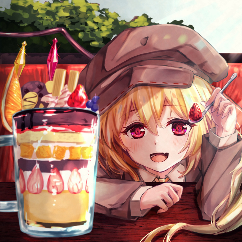 1girl :d alternate_costume alternate_headwear arm_rest arm_up blonde_hair blue_sky blueberry blush brown_headwear brown_jacket commentary_request cup day eyebrows_visible_through_hair fang flandre_scarlet flat_cap food fruit hair_between_eyes hat highres holding holding_spoon ice_cream jacket light_rays long_sleeves looking_at_viewer mug one_side_up open_mouth orange orange_slice outdoors parfait red_eyes shirt skin_fang sky smile solo spoon strawberry sunbeam sunlight table torottye touhou tree wafer_stick white_shirt wings