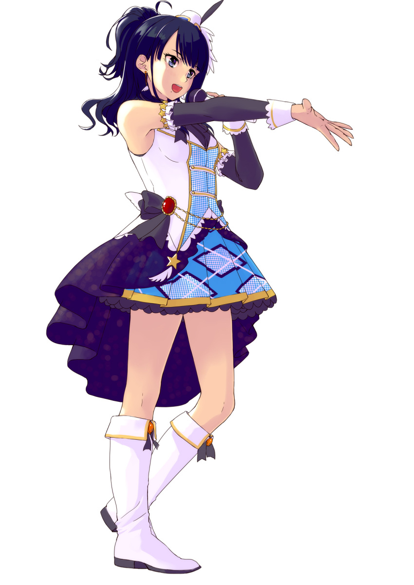 1girl :d bare_shoulders black_bow blue_eyes blue_hair blue_skirt boots bow breasts copyright_request detached_sleeves earrings frilled_sleeves frills full_body hat highres holding holding_microphone jewelry knee_boots long_hair looking_back microphone mini_hat miniskirt mizuki_(mizuki_ame) mole mole_under_mouth music open_mouth outstretched_arm pleated_skirt short_ponytail singing skirt small_breasts smile solo standing star waist_cape white_footwear white_headwear wing_earrings
