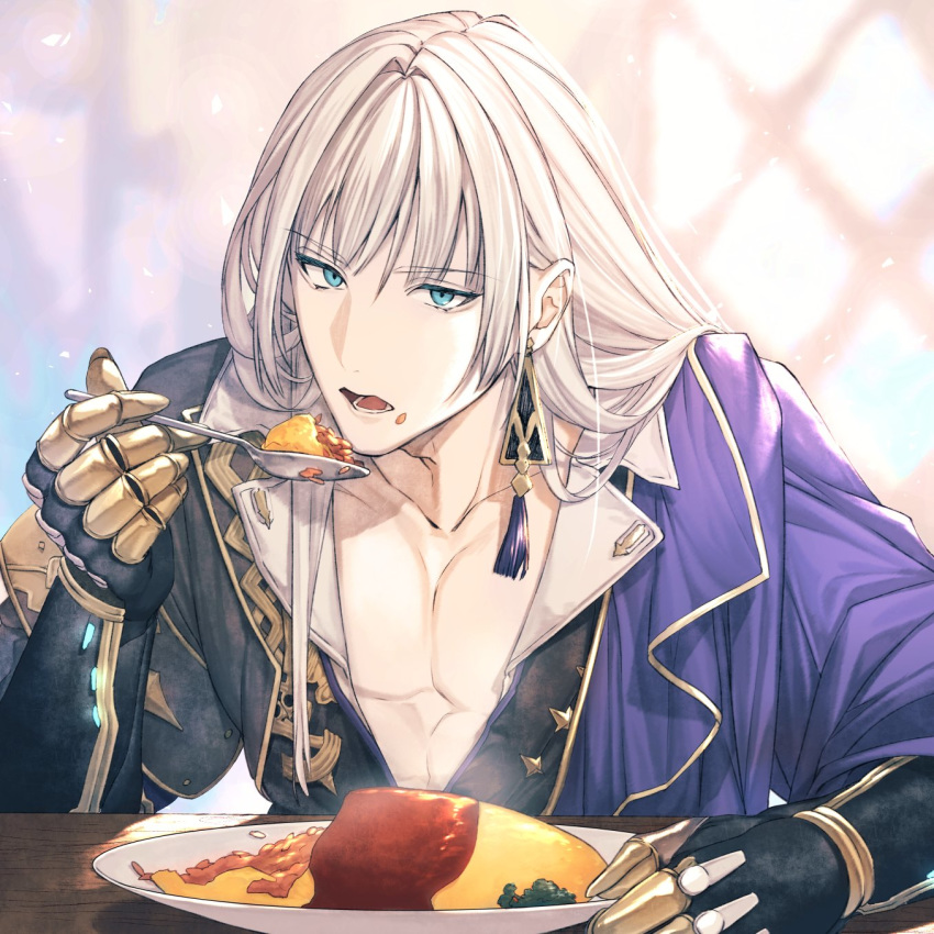 1boy asymmetrical_clothes bangs blonde_hair blue_eyes cassius_(granblue_fantasy) collarbone earrings eyebrows_visible_through_hair food food_on_face gloves granblue_fantasy highres jewelry ketchup male_focus matsuki_tou omurice pectorals plate rice rice_on_face solo spoon tassel_earrings