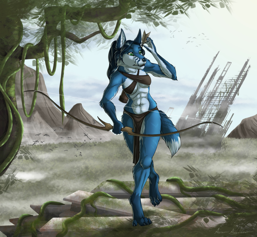 2020 4_toes 5_fingers abs absurd_res anthro arrow ascar_angainor black_hair black_nose blue_body blue_fur borophagine bow_(weapon) breasts canid canine celeun clothing day detailed_background digital_media_(artwork) digitigrade epicyon eyebrows eyelashes female fingers fox fur green_eyes hair hi_res hybrid loincloth mammal midriff milly_(millcore) navel outside quiver ranged_weapon sky solo toes weapon white_body white_fur