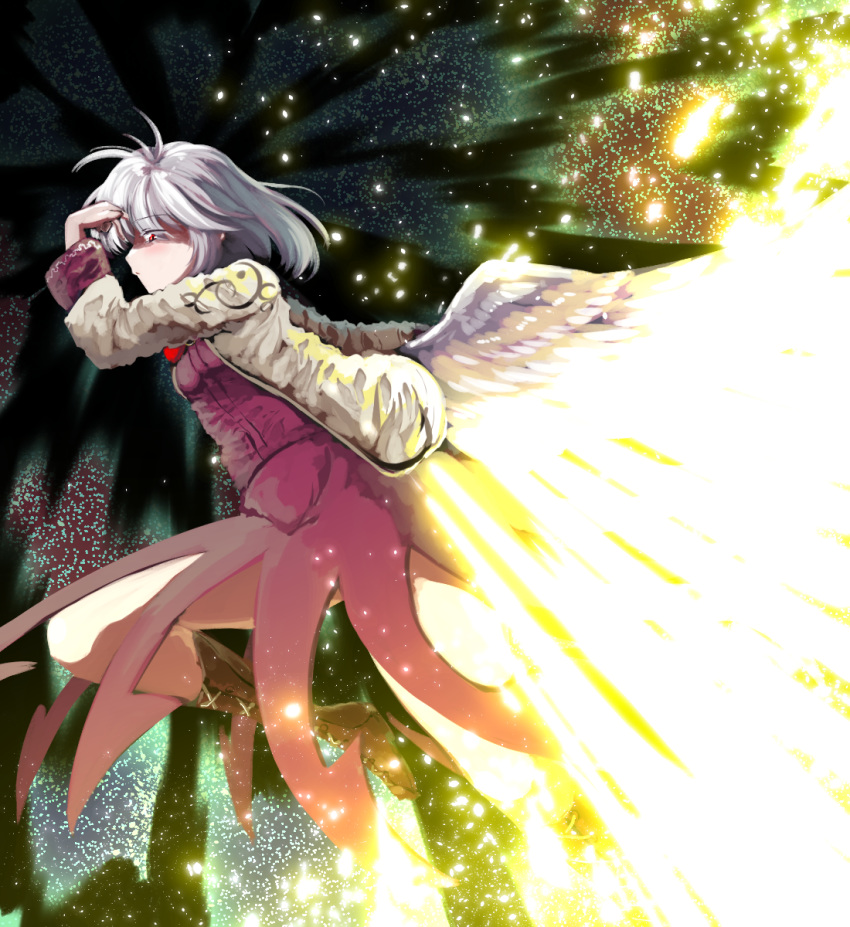 1girl abstract_background blush bow bowtie breasts brown_footwear commentary cross-laced_footwear feathered_wings feathers flying full_body glowing grey_jacket hand_in_hair highres jacket kishin_sagume leg_up legacy_of_lunatic_kingdom light light_particles light_rays long_sleeves looking_at_viewer medium_breasts red_eyes short_hair silver_hair single_wing solo spell_card sunyup touhou white_hair white_wings wings