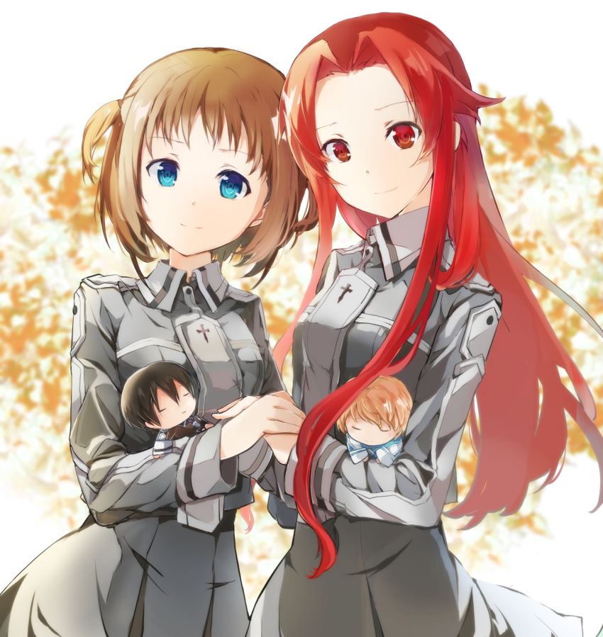 2girls black_hair blonde_hair blue_eyes breasts brown_hair collarbone commentary_request cowboy_shot dress eugeo highres holding kirito long_hair long_sleeves looking_at_viewer multiple_girls pleated_dress red_eyes red_hair ronye_arabel sau_(bluepoper) school_uniform short_hair smile stuffed_toy sword_art_online sword_art_online_alicization tiese_schtrinen toy two_side_up uniform very_long_hair