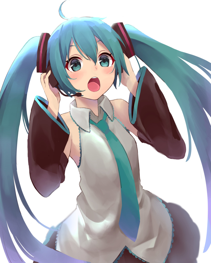 1girl aqua_eyes aqua_hair aqua_neckwear bare_shoulders benjamin4679 black_skirt black_sleeves commentary detached_sleeves grey_shirt hair_ornament hands_on_headphones hands_up hatsune_miku headphones headset highres long_hair looking_at_viewer necktie open_mouth shirt skirt sleeveless sleeveless_shirt solo twintails upper_body very_long_hair vocaloid white_background