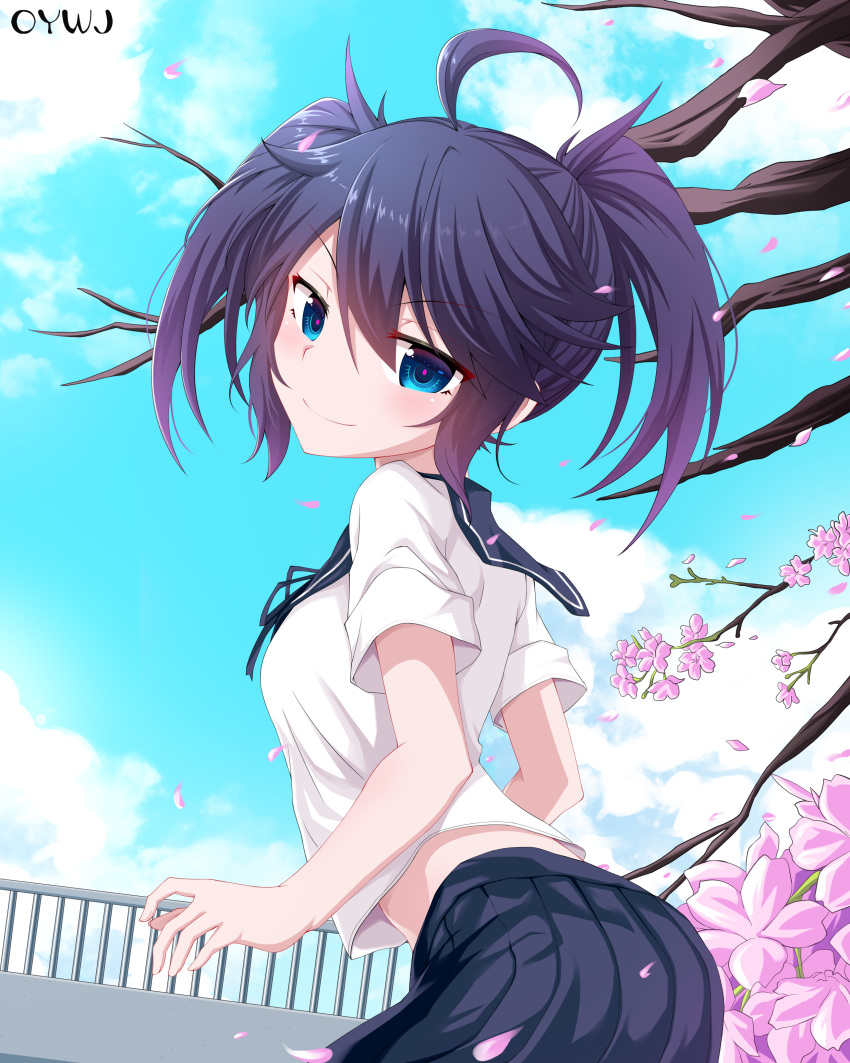 1girl absurdres ahoge bangs black_ribbon black_rock_shooter black_rock_shooter_(character) black_sailor_collar black_skirt blue_eyes blue_hair blue_sky cherry_blossoms closed_mouth cloud day eyebrows_visible_through_hair flower from_side gradient_hair hair_between_eyes highres looking_at_viewer medium_hair multicolored_hair neck_ribbon outdoors oywj pink_flower pleated_skirt purple_hair ribbon sailor_collar shiny shiny_hair shirt short_sleeves skirt sky smile solo white_shirt