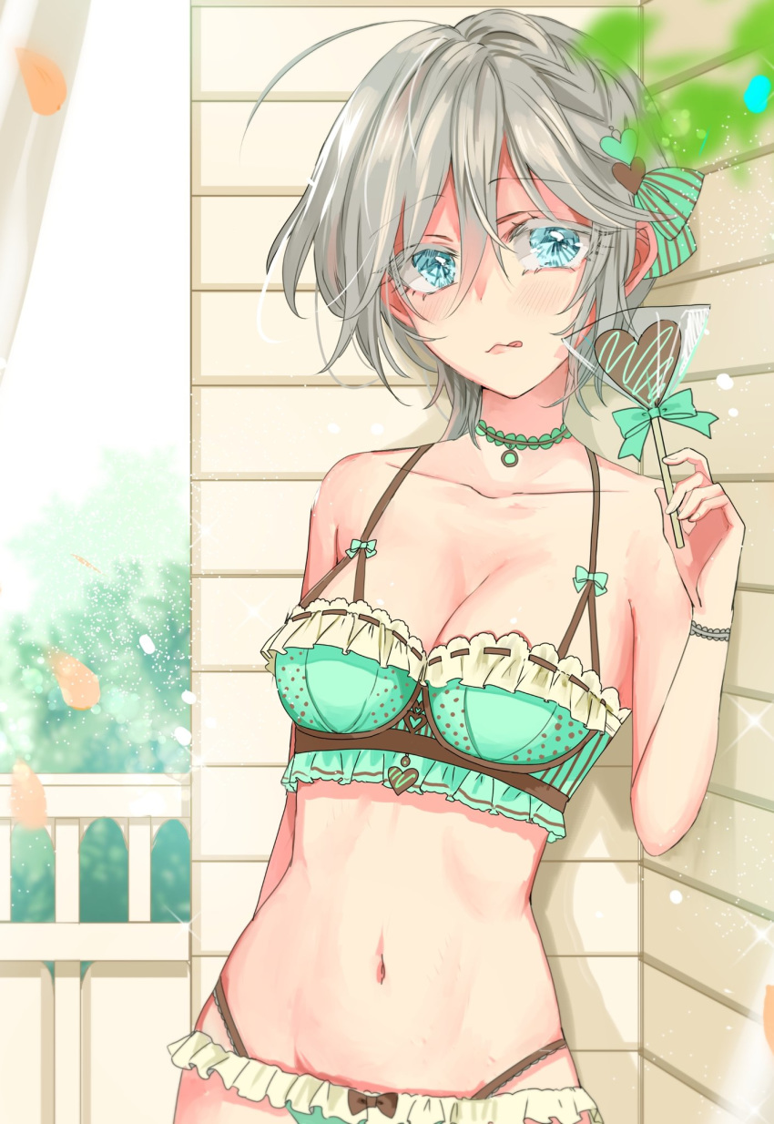 1girl anastasia_(idolmaster) antenna_hair bangs blue_eyes blush bow bow_bra bra breasts brown_bow candy chocolate chocolate_heart choker cleavage curtains food frill_trim frilled_panties frills green_bow green_bra green_panties grey_hair hair_between_eyes hair_ornament heart highres idolmaster idolmaster_cinderella_girls lollipop medium_breasts navel outdoors panties petals ribbon_trim rum_raisin_(chihiromakita19) short_hair solo tongue tongue_out underwear valentine