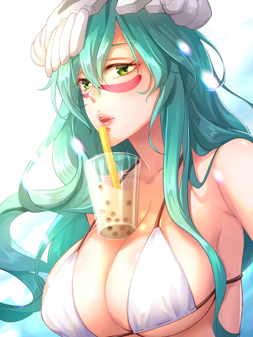 1girl aqua_hair bleach breasts bubble_tea_challenge chocofox cleavage collarbone drinking_straw green_eyes hair_between_eyes headwear highres large_breasts long_hair looking_at_viewer nelliel_tu_odelschwanck open_mouth shiny shiny_hair sideboob solo upper_body very_long_hair white_background white_bikini_top