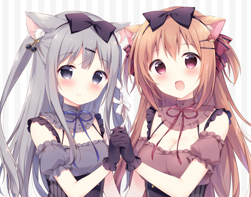 2girls :d amairo_chocolata amamiya_mikuri animal_ear_fluff animal_ears black_bow black_gloves blue_neckwear blush bow breasts brown_hair brown_shirt cat_ears cleavage commentary_request detached_collar detached_sleeves dog_ears frilled_gloves frilled_sleeves frills gloves grey_eyes grey_hair grey_shirt hair_bow hair_ornament hair_ribbon hairclip hazuki_(sutasuta) highres holding_hands long_hair looking_at_viewer multiple_girls neck_ribbon open_mouth purple_eyes red_neckwear red_ribbon ribbon shirt small_breasts smile striped striped_background striped_ribbon two_side_up underbust upper_body vertical-striped_background vertical_stripes yukimura_chieri
