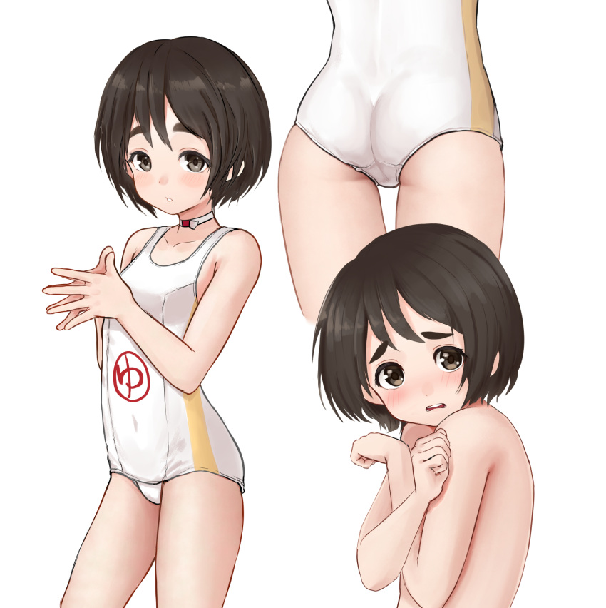1girl ass bangs black_hair brown_eyes choker contrapposto covering covering_breasts cowboy_shot crossed_arms fingers_together grimace highres kantai_collection kibitarou looking_at_viewer maru-yu_(kantai_collection) multiple_views nude open_mouth petite school_swimsuit short_hair simple_background swimsuit thick_eyebrows thigh_gap upper_body upper_teeth white_background white_choker white_school_swimsuit white_swimsuit