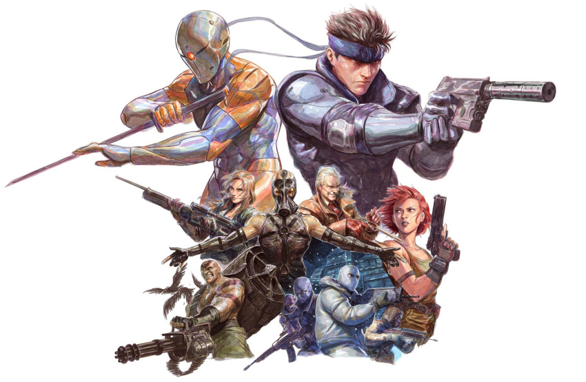 2girls 6+boys assault_rifle balaclava bald bird blonde_hair brown_hair bullpup dave_rapoza desert_eagle elbow_pads facial_hair famas finger_on_trigger fingerless_gloves gas_mask gatling_gun gloves gray_fox gun h&amp;k_mark_23 handgun headband helmet highres holding holding_gun holding_sword holding_weapon male_focus meryl_silverburgh metal_gear_(series) metal_gear_solid multiple_boys multiple_girls mustache ninjatou one-eyed outstretched_arms pistol power_suit psycho_mantis raven_(animal) red_hair reverse_grip revolver revolver_ocelot rifle short_sword shoulder_pads sneaking_suit sniper_rifle sniper_wolf soldier solid_snake suppressor sword tattoo trigger_discipline vulcan_raven weapon white_background