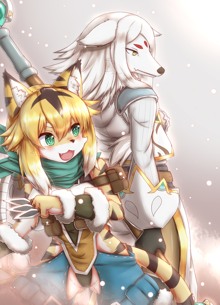 2019 anthro blonde_hair canid canine clothed clothing cute_fangs duo felid feline female fingers fur green_eyes hair hi_res holding_object holding_weapon horokusa0519 inner_ear_fluff mammal open_mouth scarf staff standing tuft weapon white_body white_fur white_hair yellow_body yellow_eyes yellow_fur