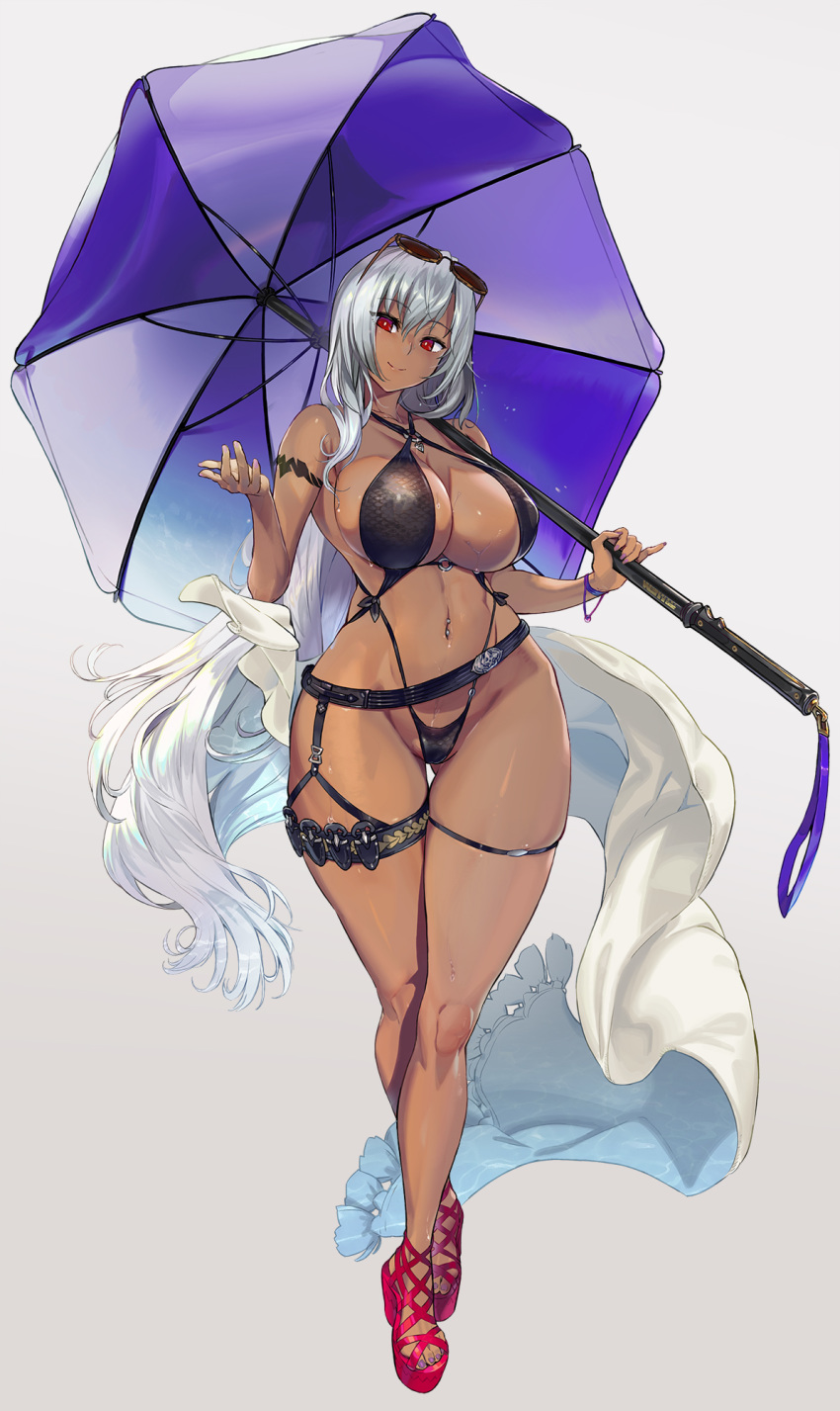 1girl ass_visible_through_thighs beach_umbrella bikini breasts closed_mouth curvy dark_skin eyewear_on_head full_body highleg highleg_bikini highres large_breasts long_hair looking_at_viewer navel navel_piercing o-ring o-ring_bikini ookuma_(nitroplus) original piercing red_eyes silver_hair skindentation smile solo standing sweat swimsuit tattoo thigh_gap umbrella very_long_hair