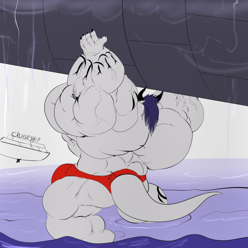 1:1 anthro az-solii big_muscles boat bovid bulge caprine clothing dragon fierglief goat growth hi_res horn huge_muscles hybrid hyper hyper_bulge hyper_muscles lifting macro male mammal muscle_growth muscular rear_view sea ship speedo swimwear vehicle vein water