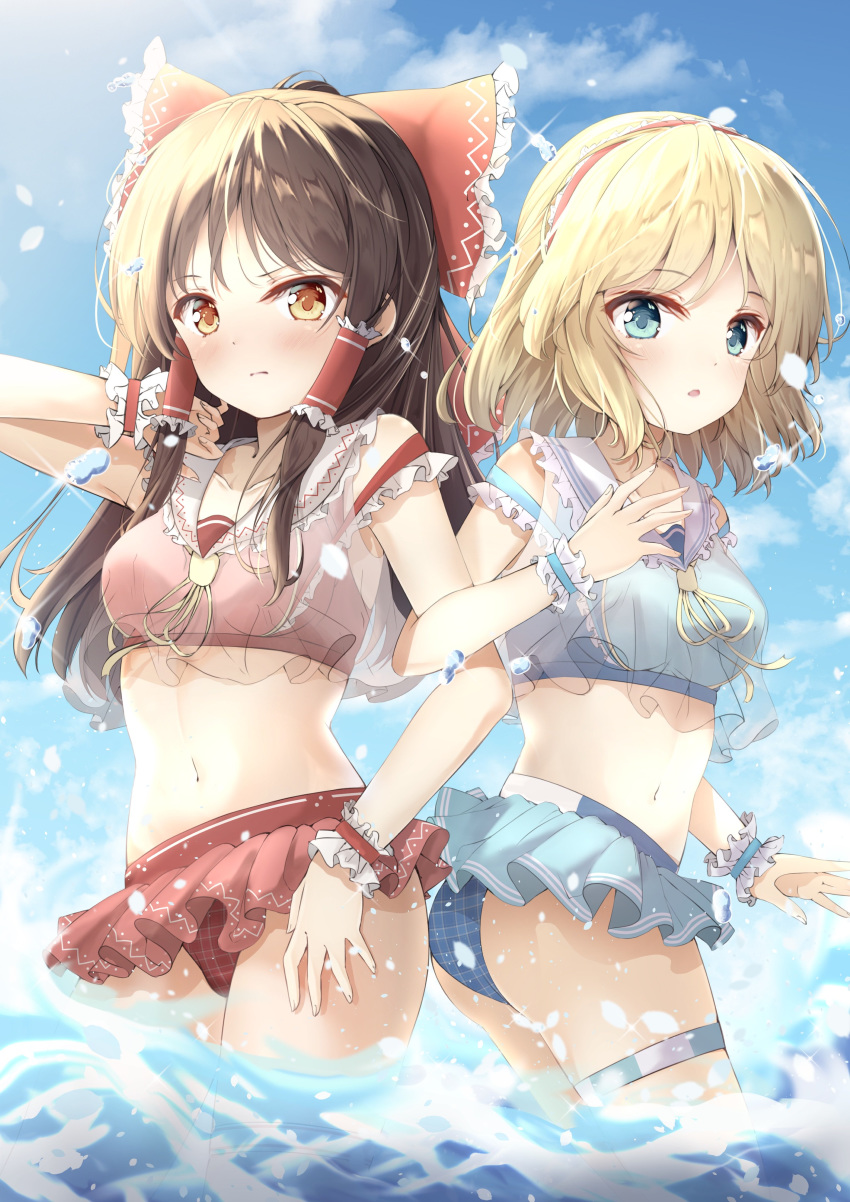 2girls absurdres adapted_costume alice_margatroid ass bare_arms bare_shoulders bikini_skirt blonde_hair blue_eyes blue_shirt blue_sky bow breasts brown_hair closed_mouth cloud collarbone crop_top frills frown hair_bow hair_tubes hairband hakurei_reimu highres locked_arms loli_ta1582 long_hair looking_at_viewer medium_breasts midriff multiple_girls navel orange_eyes outdoors parted_lips red_bow red_shirt red_skirt sailor_collar see-through shirt short_hair sidelocks skirt sky sleeveless sunlight thigh_strap touhou wading water white_sailor_collar wrist_cuffs