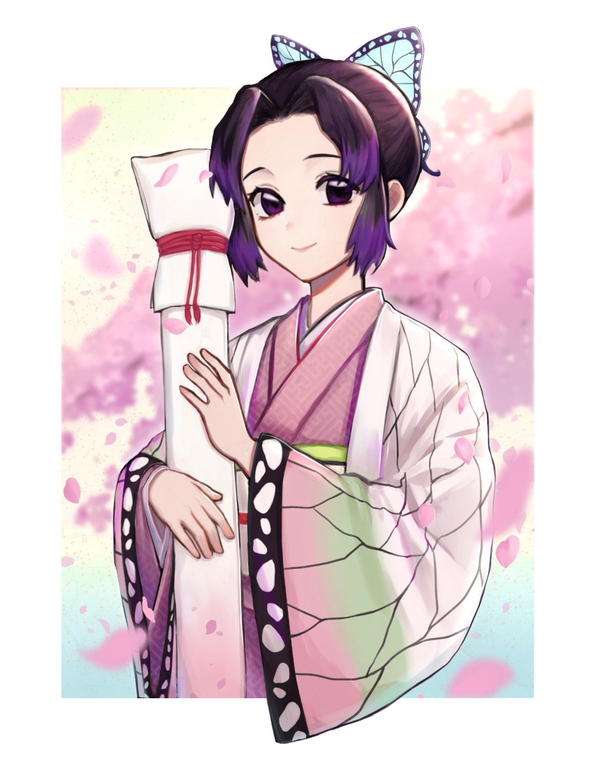 1girl asanabe border butterfly_hair_ornament cherry_blossoms closed_mouth commentary_request day hair_intakes hair_ornament hand_up haori happy highres holding japanese_clothes kimetsu_no_yaiba kimono kochou_shinobu long_sleeves looking_at_viewer obi outdoors outside_border petals pink_background pink_kimono purple_eyes purple_hair sash short_hair smile solo tree upper_body weapon_bag white_border wide_sleeves