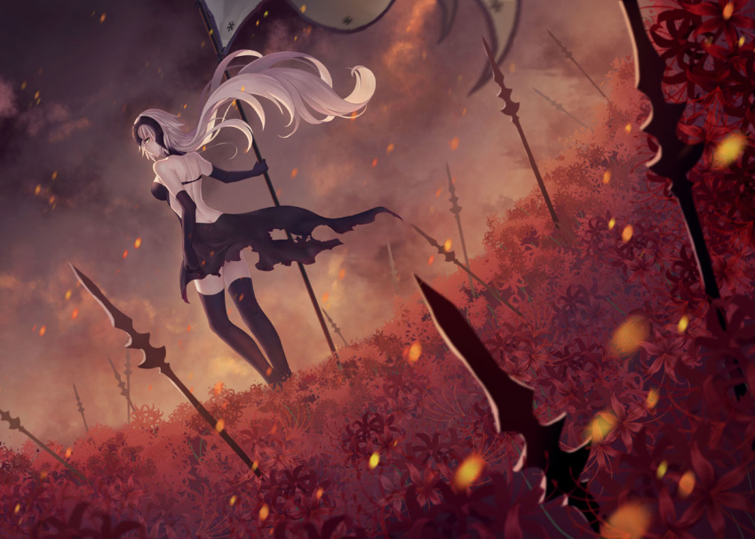 1girl backless_dress backless_outfit bare_shoulders black_dress black_gloves black_legwear blush breasts cloud cloudy_sky day dress dutch_angle elbow_gloves elsa_(g557744) fate/grand_order fate_(series) field flag floating_hair flower flower_field gloves grey_hair headpiece holding holding_flag jeanne_d'arc_(alter)_(fate) jeanne_d'arc_(fate)_(all) light_particles long_hair looking_at_viewer looking_back medium_breasts outdoors pale_skin planted_weapon polearm profile red_flower sky solo spear spider_lily standard_bearer standing thighhighs torn_clothes torn_dress very_long_hair weapon white_flag yellow_eyes