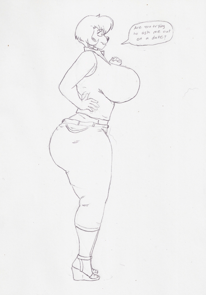 anthro big_breasts big_butt bottomwear breasts butt canid canine clothed clothing disney ear_piercing ear_ring female footwear goof_troop hair hi_res high_heels huge_breasts huge_butt krocialblack mammal mature_female peg_pete piercing shoes short_hair side_view smile solo speech_bubble standing thick_thighs topwear