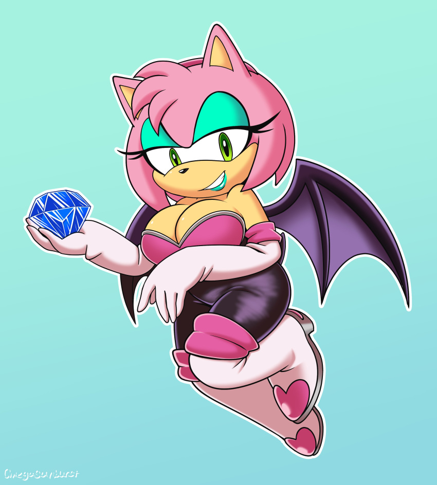 absurd_res alternate_costume amy_rose anthro big_breasts blue_background blue_lipstick boots breasts chaos_emerald cleavage clothed clothing cosplay eulipotyphlan female footwear hedgehog hi_res lipstick looking_at_viewer makeup mammal omegasunburst rouge_the_bat rubber simple_background solo sonic_the_hedgehog_(series) tight_clothing