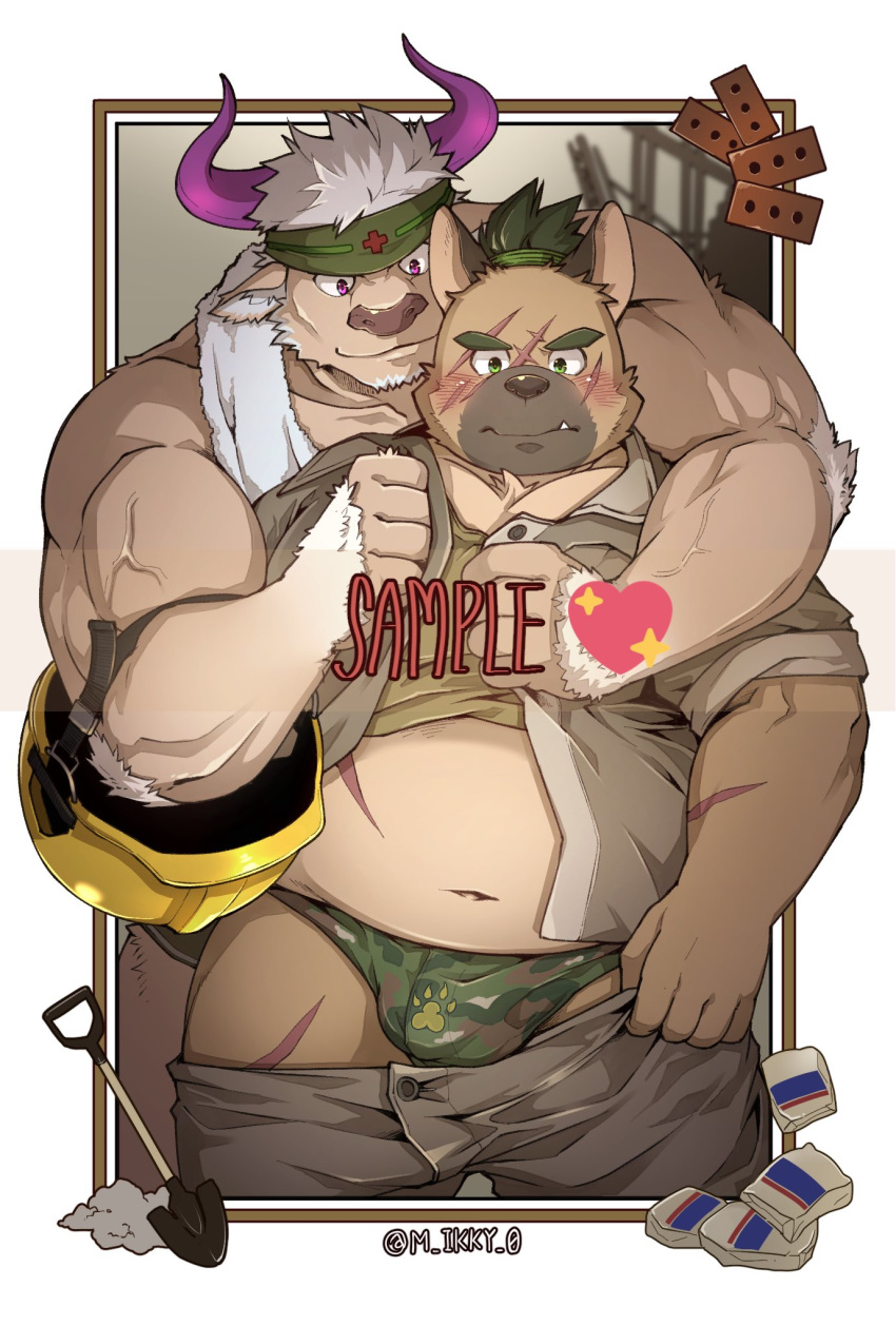 assisted_exposure belly blush bottomwear bovid bovine camo canid canine canis cattle clothed clothing domestic_dog hi_res horn m_ikky m_ikky_0 male mammal military musclegut muscular muscular_male navel partially_clothed scar shennong shirt shorts shorts_down tank_top tokyo_afterschool_summoners topwear underwear video_games yasuyori