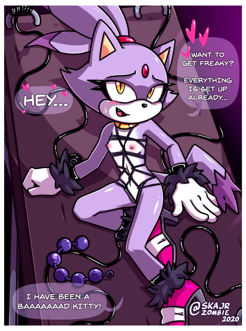 anal_beads anthro blaze_the_cat blush dialogue domestic_cat english_text felid feline felis female fur hi_res mammal nipples open_mouth purple_body purple_fur sex_toy skajrzombie solo sonic_the_hedgehog_(series) speech_bubble text video_games