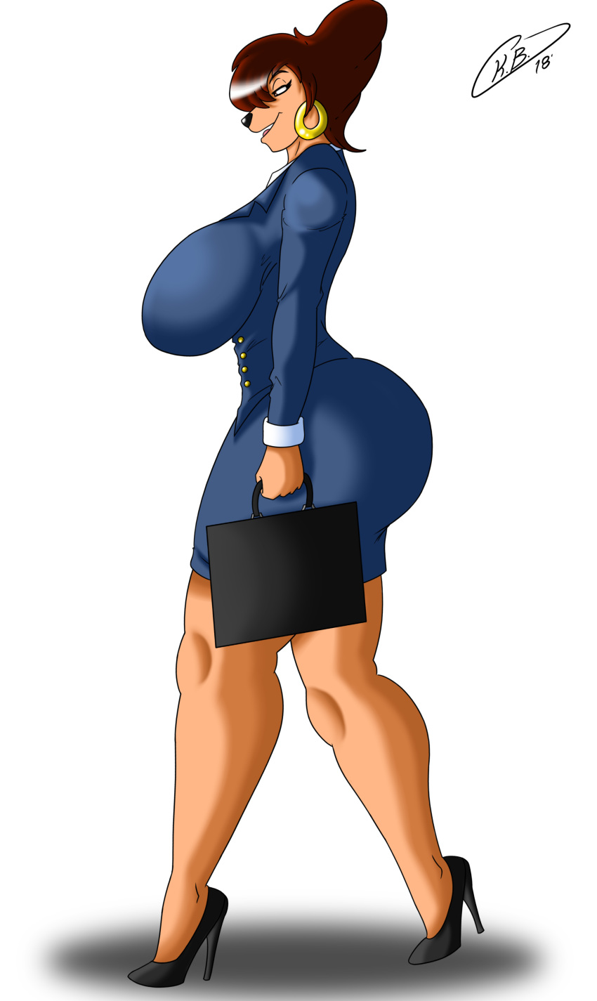absurd_res anthro big_breasts big_butt breasts butt canid canine clothed clothing digital_media_(artwork) disney ear_piercing ear_ring female footwear goof_troop hi_res high_heels huge_breasts huge_butt krocialblack mammal mature_female open_mouth peg_pete piercing shoes side_view simple_background smile solo thick_thighs topwear walking
