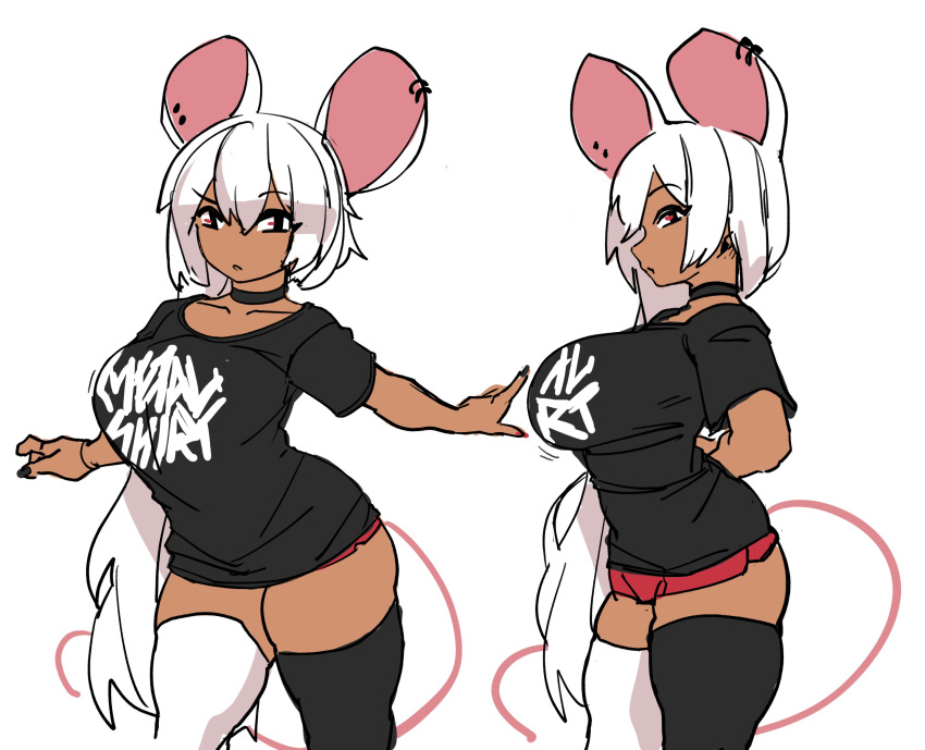 1girl 2020 animal_ears baggy_clothes black_choker black_legwear breasts chinese_zodiac choker clothes_writing dark_skin ear_piercing flat_color highres huge_breasts long_hair mismatched_legwear mouse_ears mouse_girl mouse_tail multiple_views original pajamas_challenge piercing pulled_by_self shirt short_shorts shorts standing t-shirt tail taut_clothes taut_shirt thick_thighs thighhighs thighs variations very_long_hair white_hair white_legwear year_of_the_rat zana