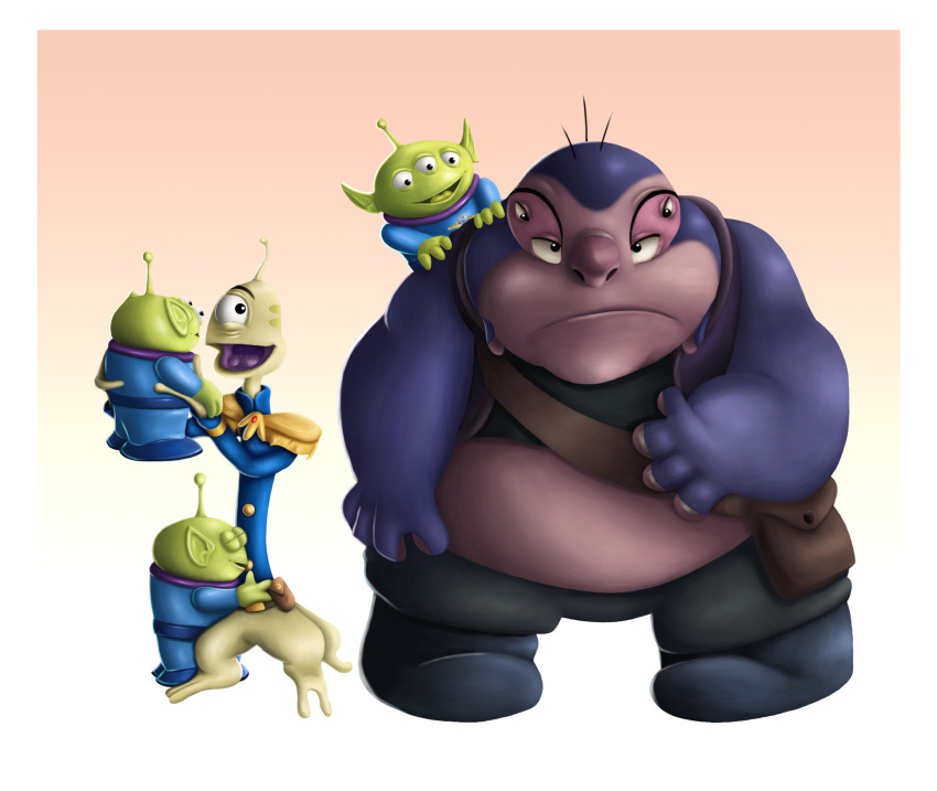 1_eye 2019 2_toes 2_tongues 3_eyes 3_legs 4_eyes 4_fingers alien alien_(toy_story) annoyed antennae_(anatomy) border bottomless carrying clothed clothing crossover disney eyes_closed fingers frown gradient_background green_body green_skin green_tongue group head_markings hi_res hug jumba_jookiba kweltikwan lilo_and_stitch lordwiggyton markings multi_eye multi_tongue obese occipital_markings on_shoulder open_mouth open_smile overweight pixar pleakley plorgonarian purple_body purple_skin simple_background size_difference smile standing toes tongue toy_story unamused uniform white_border