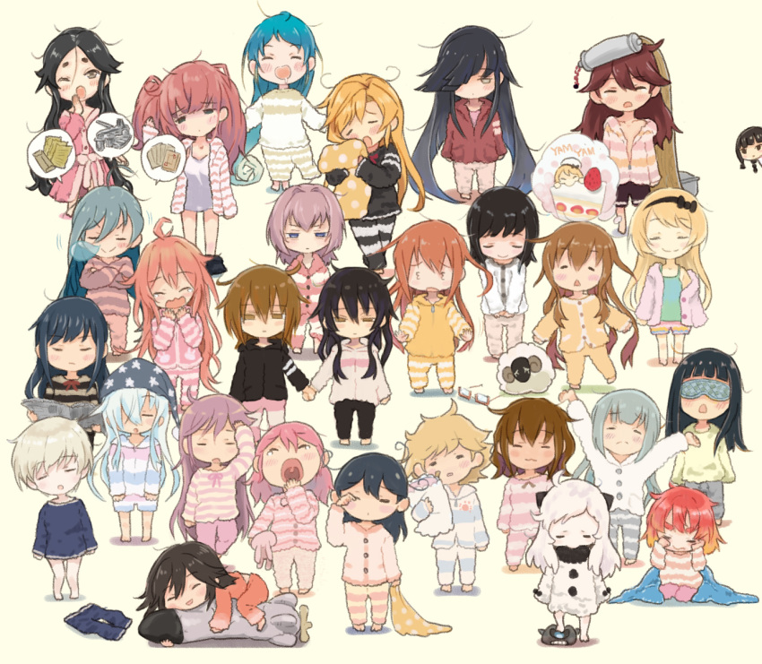 3_3 6+girls :o abukuma_(kantai_collection) ahoge akebono_(kantai_collection) alternate_hairstyle arms_up asashio_(kantai_collection) atlanta_(kantai_collection) bangs blanket blonde_hair blue_hair blush braid brown_hair cake chibi closed_eyes closed_mouth crossed_arms dress etorofu_(kantai_collection) eye_mask eyebrows_visible_through_hair eyewear_removed food fubuki_(kantai_collection) fumizuki_(kantai_collection) glasses grey_hair hair_down half-closed_eyes hat hatsushimo_(kantai_collection) hatsuyuki_(kantai_collection) hayashimo_(kantai_collection) hibiki_(kantai_collection) highres holding holding_hands horns ikazuchi_(kantai_collection) jervis_(kantai_collection) kantai_collection kasumi_(kantai_collection) kitakami_(kantai_collection) kiyoshimo_(kantai_collection) long_hair lying messy_hair mochizuki_(kantai_collection) multiple_girls newspaper nisshin_(kantai_collection) northern_ocean_hime oboro_(kantai_collection) one_eye_closed open_mouth otoufu pajamas pants pillow pink_hair purple_hair red_hair ryuujou_(kantai_collection) saliva samidare_(kantai_collection) sazanami_(kantai_collection) sendai_(kantai_collection) sheep shinkaisei-kan shiranui_(kantai_collection) short_hair silver_hair simple_background sleepy smile standing stretch striped striped_pajamas stuffed_animal stuffed_toy tank_top tears thought_bubble ushio_(kantai_collection) uzuki_(kantai_collection) wakaba_(kantai_collection) white_hair yawning yellow_background z1_leberecht_maass_(kantai_collection)