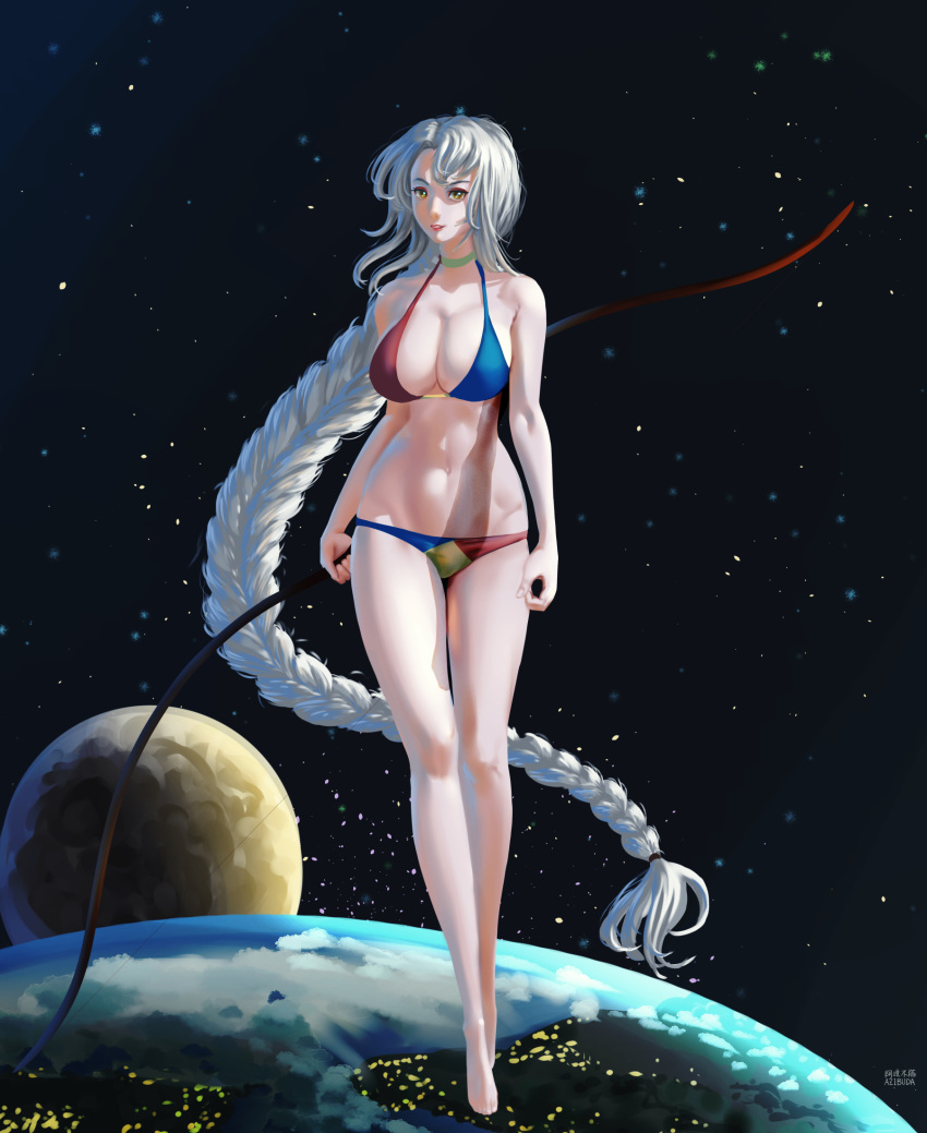 1girl absurdly_long_hair azibuda barefoot bikini blue_bikini bow_(weapon) braid breasts brown_eyes cleavage earth highres holding holding_bow_(weapon) holding_weapon large_breasts long_braid long_hair looking_at_viewer moon navel red_bikini silver_hair single_braid sky solo space star_(sky) starry_sky swimsuit touhou two-tone_bikini very_long_hair weapon yagokoro_eirin