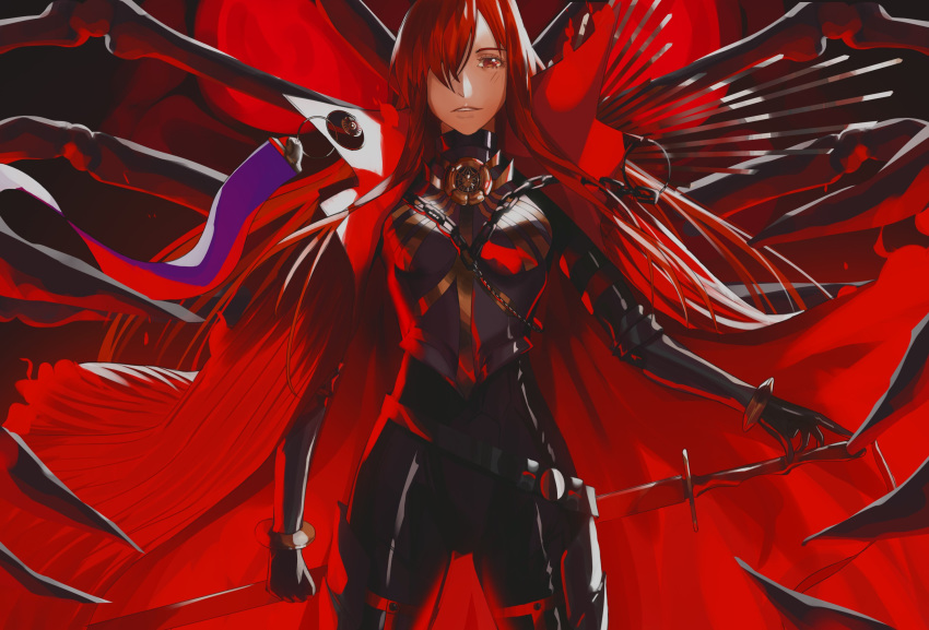 1girl asymmetrical_bangs bangs belt bone bracelet breasts cape chain collared_cape fate/grand_order fate_(series) hair_over_one_eye high_collar highres jewelry kuroi_enpitsu long_hair long_sleeves looking_at_viewer medium_breasts oda_nobunaga_(fate) oda_nobunaga_(fate)_(all) oda_nobunaga_(maou_avenger)_(fate) parted_lips red_cape red_eyes red_hair red_theme skeleton solo standing sword weapon