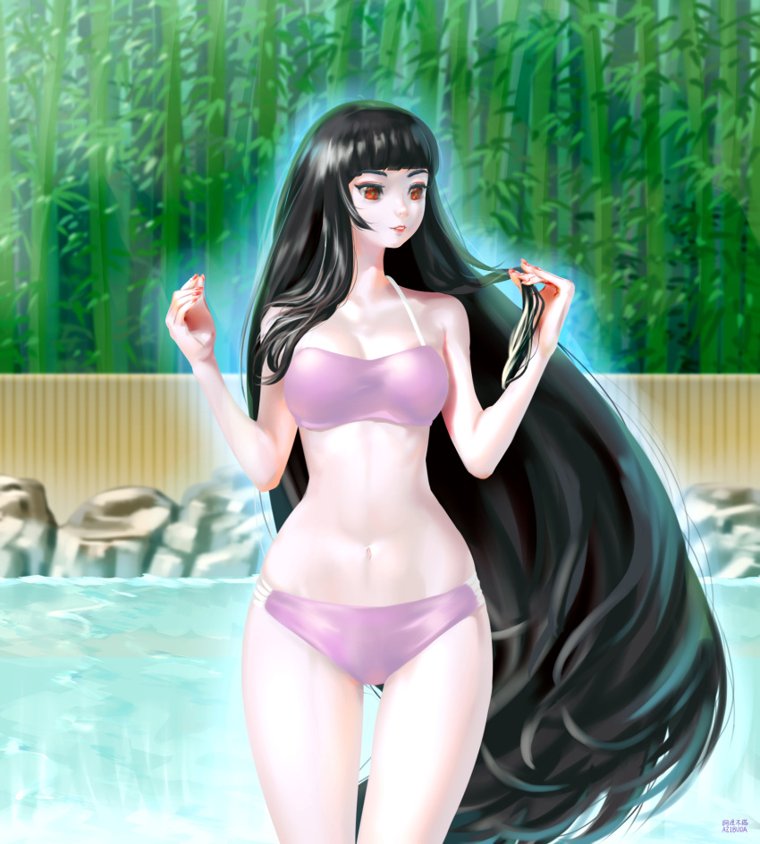 1girl adjusting_hair azibuda bamboo bamboo_forest bangs bikini black_hair blunt_bangs breasts cleavage day fence forest highres houraisan_kaguya long_hair looking_away medium_breasts nail_polish nature pink_bikini red_eyes red_nails rock solo swimsuit touhou very_long_hair water wooden_fence