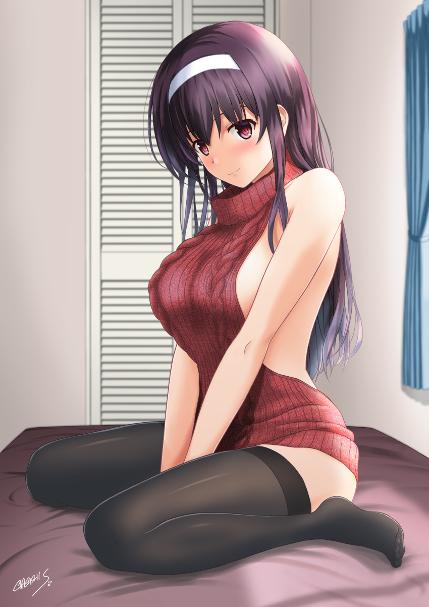 1girl backless_dress backless_outfit bare_back bare_shoulders bed between_legs black_hair black_legwear blush breasts closet curtains dress eyebrows_visible_through_hair full_body hair_between_eyes hairband hand_between_legs highres kasumigaoka_utaha large_breasts long_hair long_legs looking_at_viewer meme_attire naked_sweater no_bra red_eyes ribbed_sweater saenai_heroine_no_sodatekata satou_chagashi sideboob sitting solo sweater sweater_dress thighhighs turtleneck turtleneck_sweater virgin_killer_outfit virgin_killer_sweater white_hairband