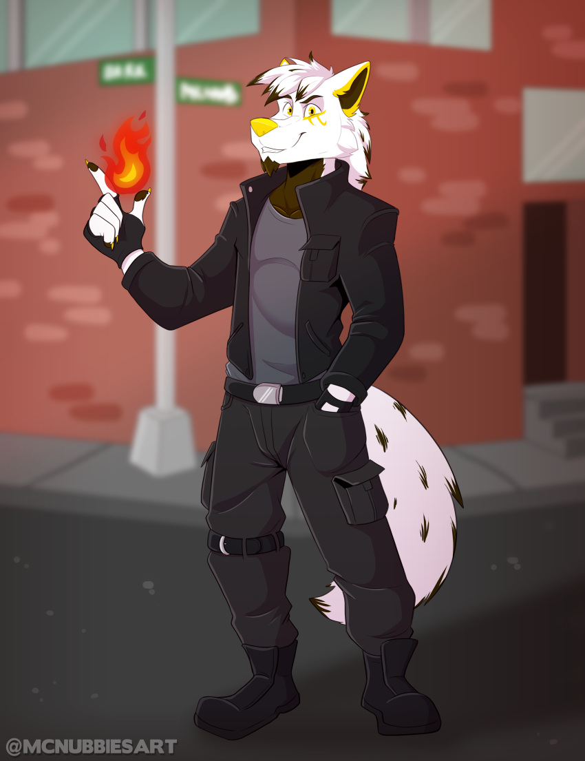 absurd_res anthro canid canine canis clothed clothing digital_media_(artwork) egyptian fire fur gloves goldomond hair handwear hi_res looking_at_viewer magician male mammal mcnubbies smile solo wolf
