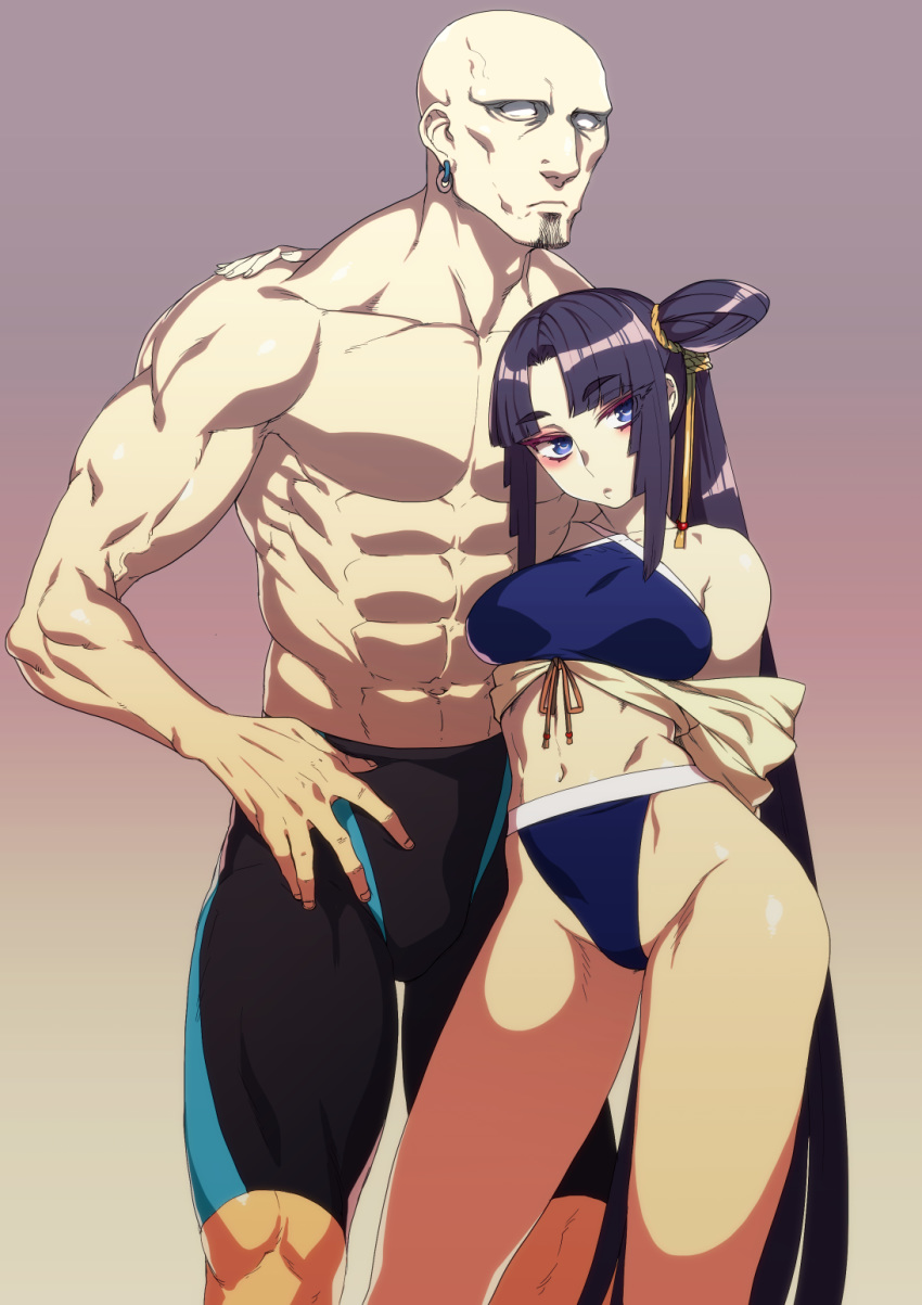 1boy 1girl abs arm_around_shoulder bald blue_eyes breasts contrapposto couple earrings eyebrows_visible_through_hair facial_hair fate/grand_order fate_(series) forehead goatee height_difference hetero highres hug jewelry long_hair male_swimwear medium_breasts musashibo_benkei_(fate/grand_order) muscle navel no_pupils off_shoulder one_side_up pectorals purple_hair rokkotsu side_bun side_ponytail solo swim_trunks swimwear ushiwakamaru_(fate/grand_order) veins very_long_hair