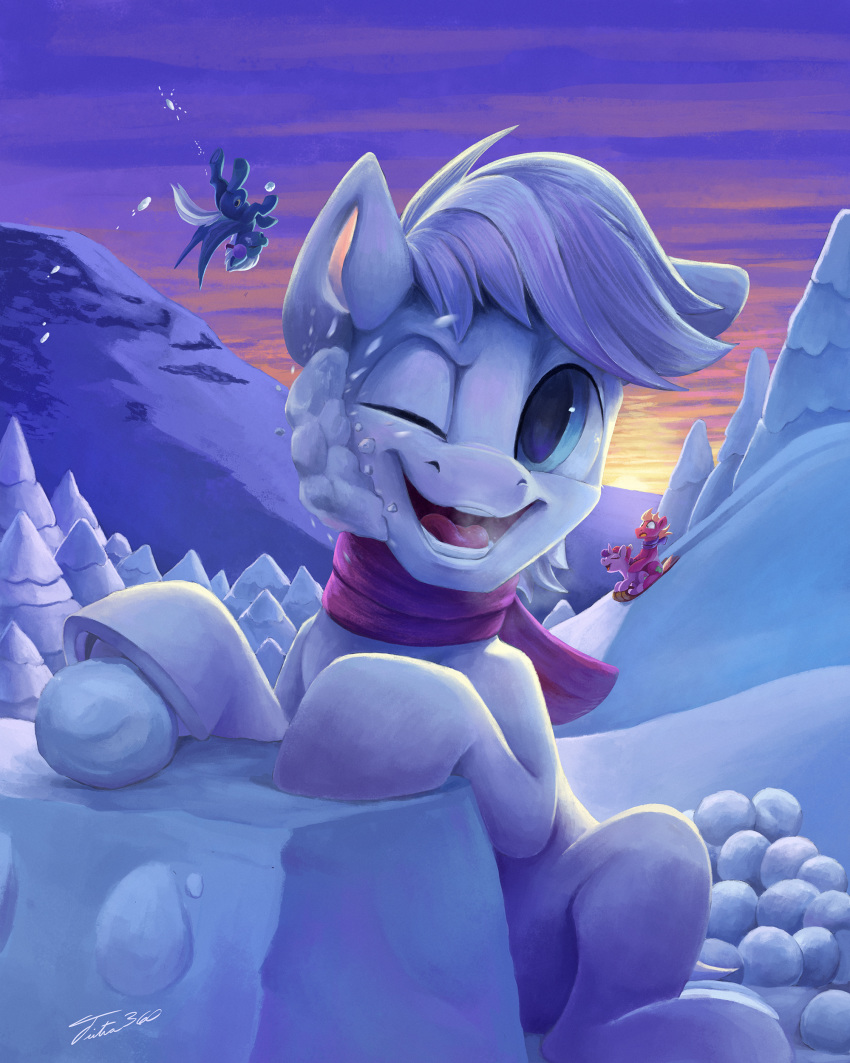 2020 absurd_res big_macintosh_(mlp) double_diamond_(mlp) equid equine friendship_is_magic hi_res mammal mountain my_little_pony night_glider_(mlp) one_eye_closed open_mouth scarf snow snowball solo_focus sugar_belle_(mlp) tree tsitra360