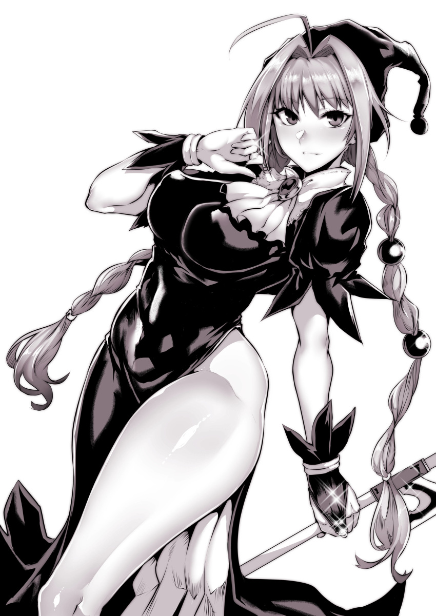 1girl absurdres ahoge braid breasts covered_nipples dorothy gggg highres large_breasts marchen_awakens_romance monochrome side_slit solo twin_braids wide_hips witch