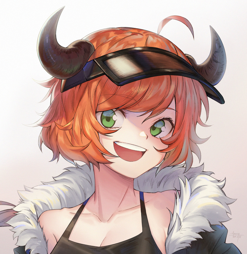 1girl :d absurdres ahoge anson_(13686564308) arknights bangs bare_shoulders black_headwear breasts cleavage collarbone croissant_(arknights) dated fur_trim green_eyes grey_background head_tilt highres horns jacket looking_at_viewer open_mouth orange_hair portrait short_hair signature smile solo swept_bangs visor_cap