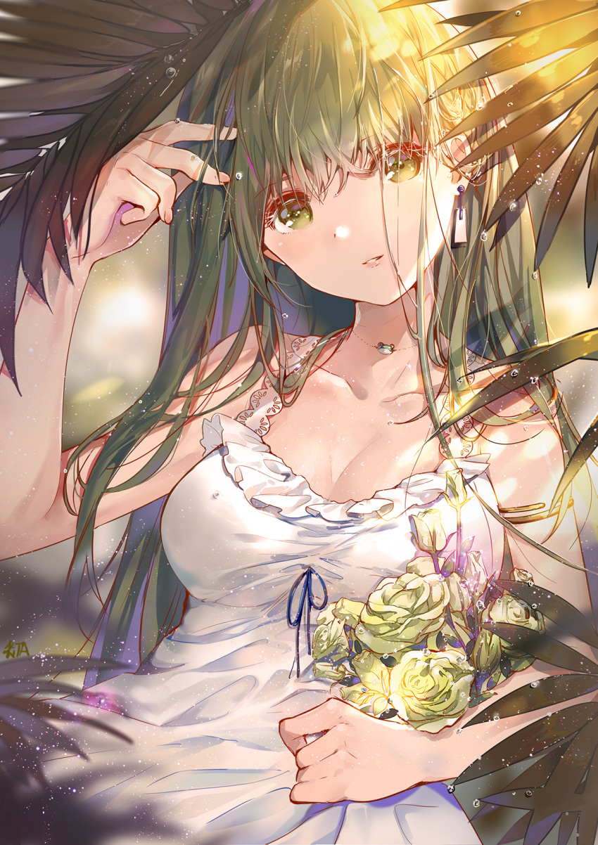 1girl alternate_costume bangs bare_arms bare_shoulders breasts cleavage commentary dress earrings elise_(piclic) eyebrows_visible_through_hair flower frills green_eyes green_flower green_hair green_rose hand_up head_tilt highres jewelry kochiya_sanae long_hair looking_at_viewer medium_breasts parted_lips rose sleeveless sleeveless_dress smile solo touhou upper_body water_drop white_dress
