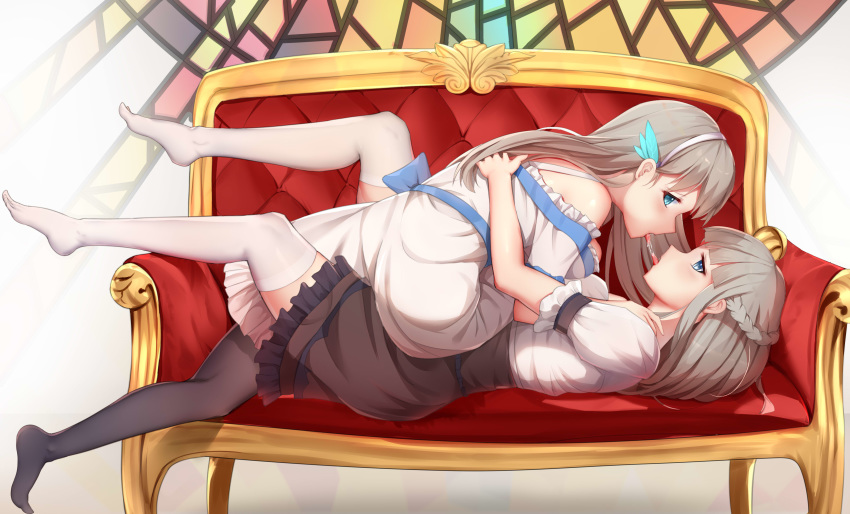 2girls absurdres after_kiss bangs bare_shoulders black_legwear black_skirt blue_eyes blush breast_press breasts commentary_request couch dress feathers frilled_dress frilled_skirt frills gei_daipf hair_feathers hairband high-waist_skirt highres hug large_breasts legs_up lexington_(warship_girls_r) long_hair lying multiple_girls off-shoulder_dress off_shoulder on_back on_couch open_mouth pantyhose profile saliva saliva_trail shirt short_sleeves silver_hair skirt stained_glass symmetrical_docking thighhighs tongue tongue_out warship_girls_r white_dress white_hairband white_legwear white_shirt