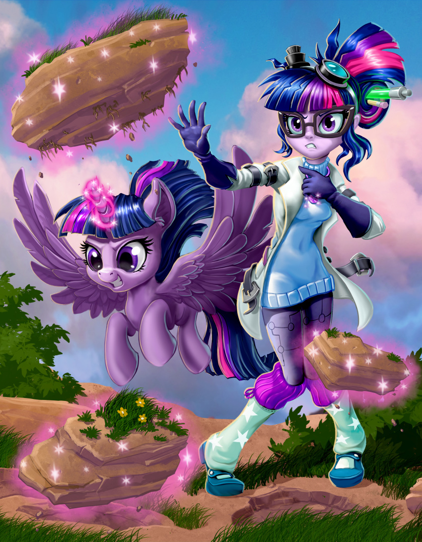 2020 absurd_res clothing coat equestria_girls equid equine eyewear flying friendship_is_magic glasses gloves grass handwear harwick hi_res horn human lab_coat levitation magic mammal my_little_pony rock square_crossover telekinesis topwear twilight_sparkle_(eg) twilight_sparkle_(mlp) winged_unicorn wings