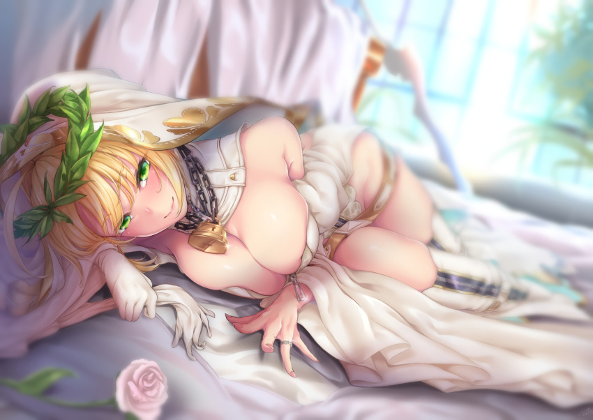 artoria_pendragon_(all) bed blonde_hair boots breasts chain fate/grand_order fate_(series) flowers green_eyes kurofude_anastasia nero_claudius_(bride) rose saber short_hair