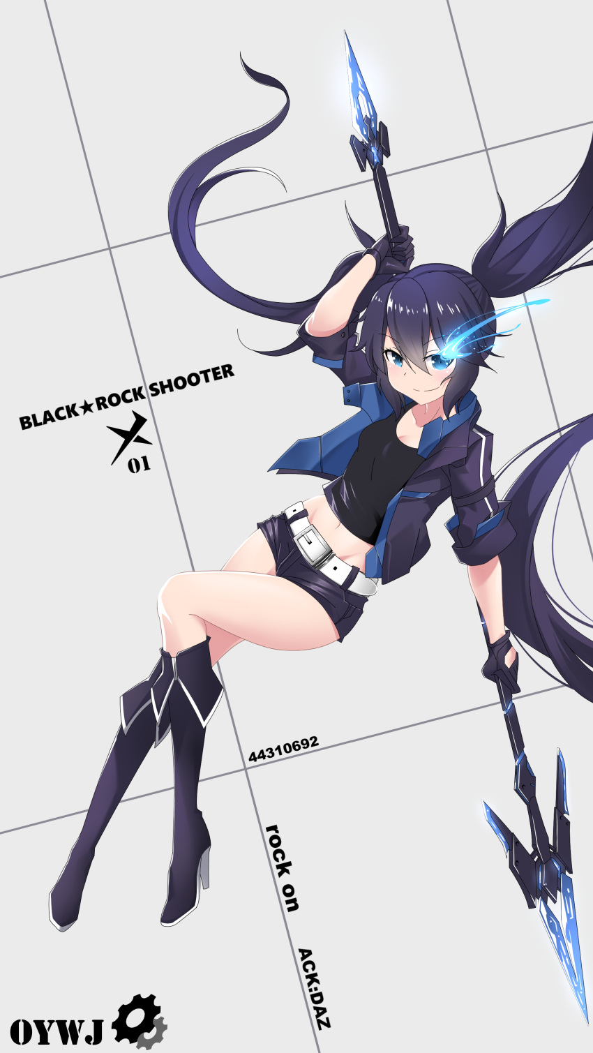 1girl absurdres artist_name asymmetrical_hair bangs belt belt_buckle black_footwear black_gloves black_jacket black_rock_shooter black_rock_shooter_(character) black_shirt black_shorts blue_eyes blue_hair boots breasts buckle burning_eye character_name cleavage closed_mouth copyright_name eyebrows_visible_through_hair floating_hair full_body gloves grey_background groin hair_between_eyes high_heel_boots high_heels highres holding holding_spear holding_weapon jacket knee_boots long_hair micro_shorts midriff navel open_clothes open_jacket oywj polearm shiny shiny_hair shirt short_sleeves shorts small_breasts smile solo spear stomach twitter_username very_long_hair weapon white_belt